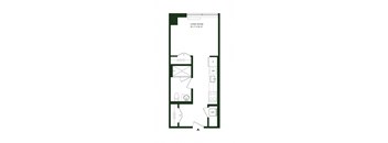 A floor plan of a living room with a kitchen area and a bathroom.