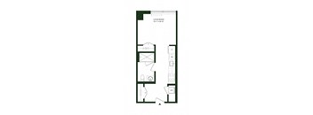 A floor plan of a lounge room with a bed and a desk.