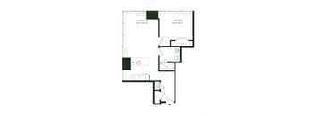 A floor plan of a small apartment with a living room, dining room, and bedroom.