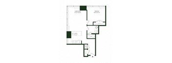 A floor plan of a small apartment with a living room, dining room, and bedroom.