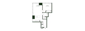 A floor plan of a small apartment with a living room, dining room, and bedroom.