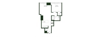 A floor plan of a room with a living/dining area, a bedroom, a WC, a DW, and a kitchen.