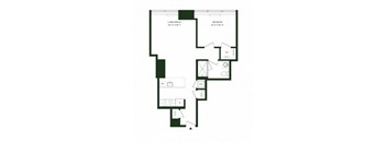 A floor plan of a house with a living/dining area, a bedroom, a bathroom, a kitchen, a dining table, a sink, a toilet, a bathtub, and a laundry room.