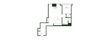 A floor plan of a house with a living/dining area, a bedroom, a bathroom, a kitchen, and a laundry area.