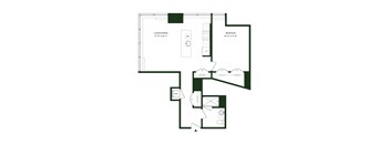 A floor plan of a small apartment with a living/dining area, a bedroom, a bathroom, and a kitchen.