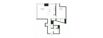 A floor plan of a home with a living/dining area, a bedroom, and a WC.