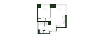 A floor plan of a small apartment with a bedroom, living/dining area, and a kitchen.