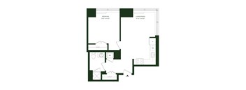 A floor plan of a room with a bed, a w/d, a living/dining area, and a kitchen.