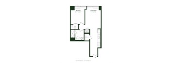 A floor plan of a small apartment with a bedroom, living/dining area, and a kitchen.