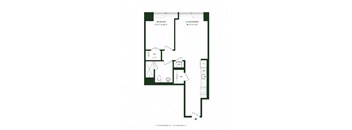 A floor plan of a small apartment with a bedroom, living room, and kitchen.