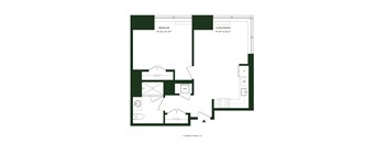 A floor plan of a small apartment with a bedroom, living/dining area, and a workspace.