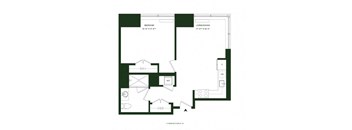 A floor plan of a house with a bedroom, living/dining area, and a workspace.