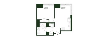 A floor plan of a room with a bedroom, living/dining area, and a workspace.