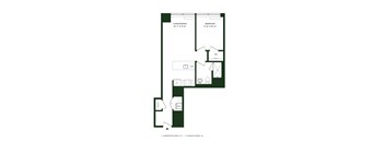 A floor plan of a small apartment with a living/dining area, a bedroom, a WC, and a WD.