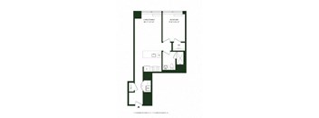 A floor plan of a living/dining room with a bedroom and bathroom.