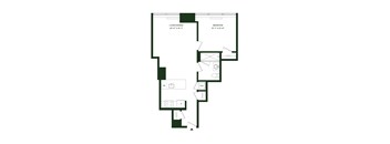 A floor plan of a room with a living/dining area, a bedroom, a bathroom, a kitchen, and a laundry room.