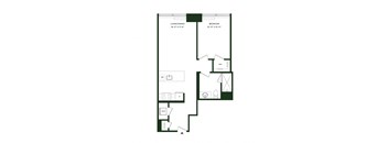 A floor plan of a room with a living/dining area, a bedroom, a WC, and a W/D.