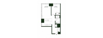 A floor plan of a small apartment with a living room, dining room, and bedroom.