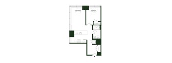 A floor plan of a room with a living/dining area, a bedroom, a bathroom, a kitchen, a dining table, a refrigerator, a sink, a toilet, and a wardrobe