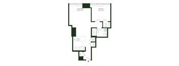 A floor plan of a house with a living/dining area, a bedroom, a kitchen, a dining table, a wardrobe, a cupboard, a sink, a toilet, a bathtub, and
