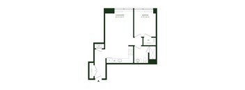 A floor plan of a house with a living/dining area, a bedroom, a W/D, and a R/D.