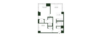 A floor plan of a home with a primary bedroom, a living/dining area, and two smaller bedrooms.