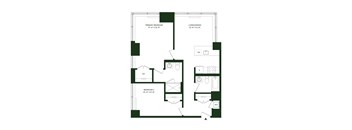 A floor plan of a home with a primary bedroom, living/dining area, and two other bedrooms.
