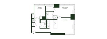 A floor plan of a house with a living room, dining room, and two bedrooms.