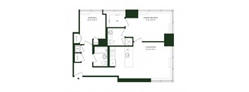 A floor plan of a house with two bedrooms, a living/dining area, and a kitchen.