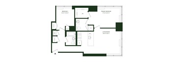 A floor plan of a house with two bedrooms, a living room, and a dining room.
