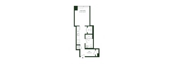 A floor plan of a living room, den, and bathroom.