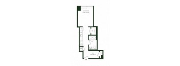 A floor plan of a living room, kitchen, and den.