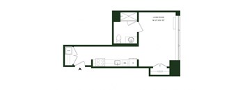 A floor plan of a living room with a kitchen area and a bathroom.