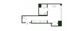 A floor plan of a living room with a kitchen area and a bathroom.