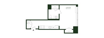 A floor plan of a living room sits in the corner of a house.