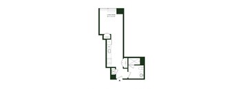 A floor plan of a living room with a kitchen area and a bathroom.