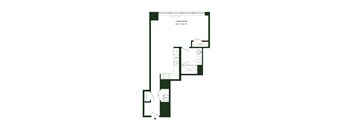 A floor plan of a living room with dimensions and furniture layout.