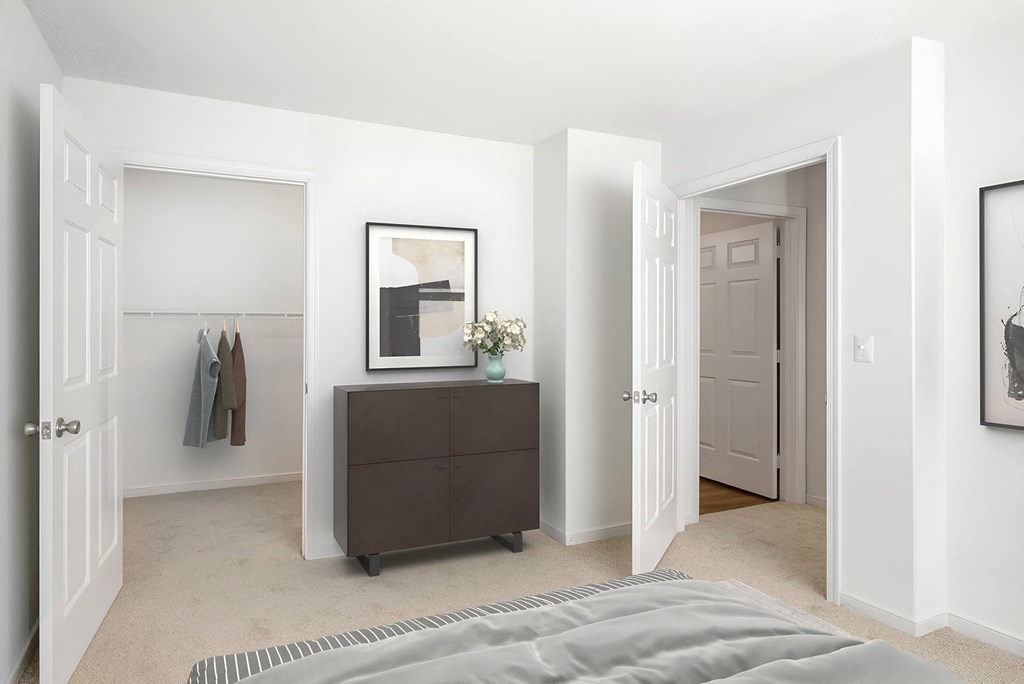 a bedroom with a bed and a dresser and a closet