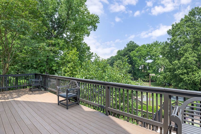 a large deck with benches overlooking a pond and trees - Photo Gallery