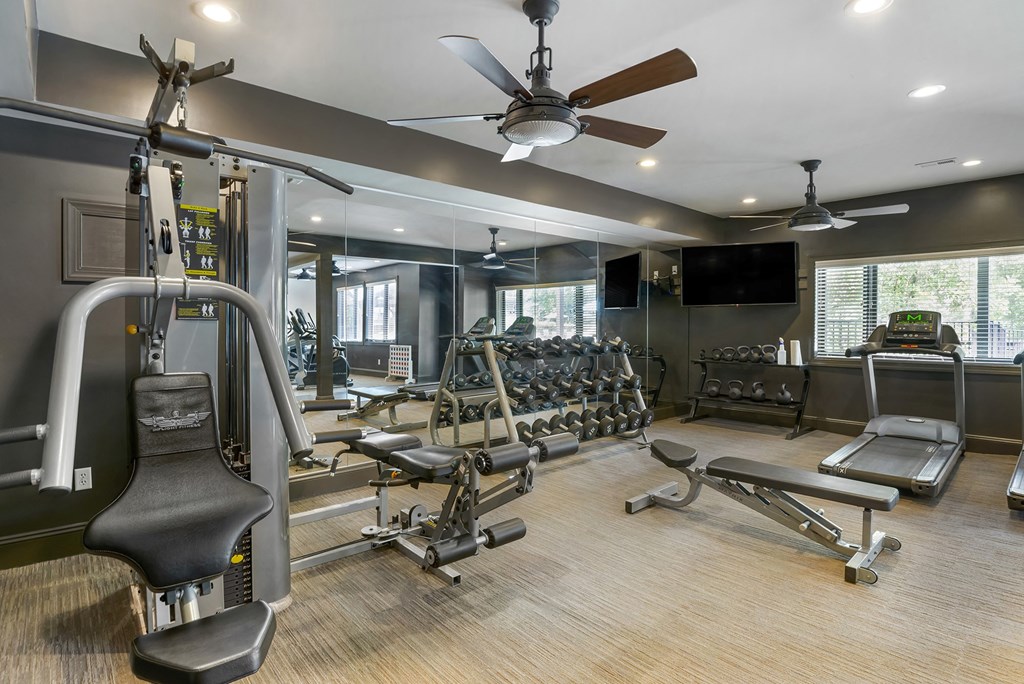a gym with weights and cardio machines and a ceiling fan