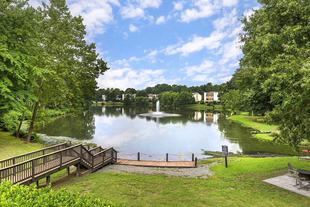 a view of a pond with a fountain
