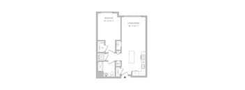 A floor plan of a room with a bedroom, living/dining area, and a kitchen.