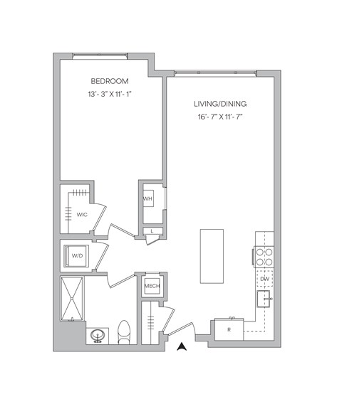 A floor plan of a room with a bedroom, living/dining area, and a kitchen.
