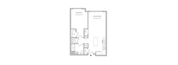A floor plan of a small apartment with a bedroom, living/dining area, and a kitchen.