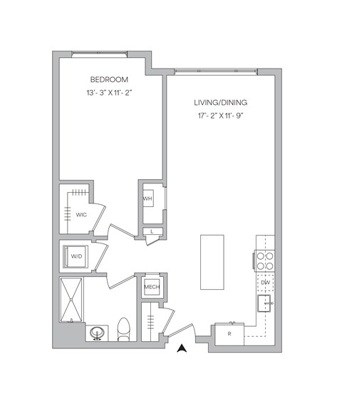 A floor plan of a small apartment with a bedroom, living/dining area, and a kitchen.