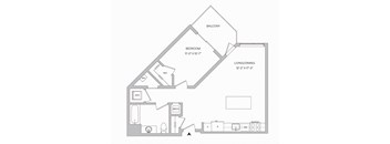 a floor plan of a 723 square foot 1 bedroom floor plan with a balcony