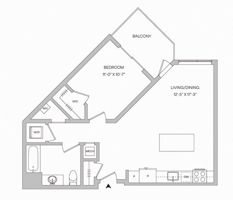 a floor plan of a 723 square foot 1 bedroom floor plan with a balcony