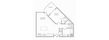 a floor plan of a 724 square foot one bedroom unit with a balcony