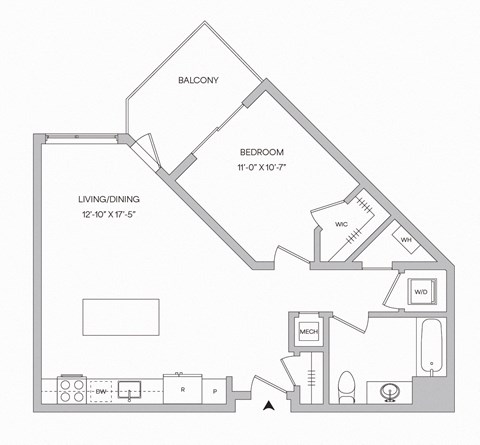 a floor plan of a 724 square foot one bedroom unit with a balcony