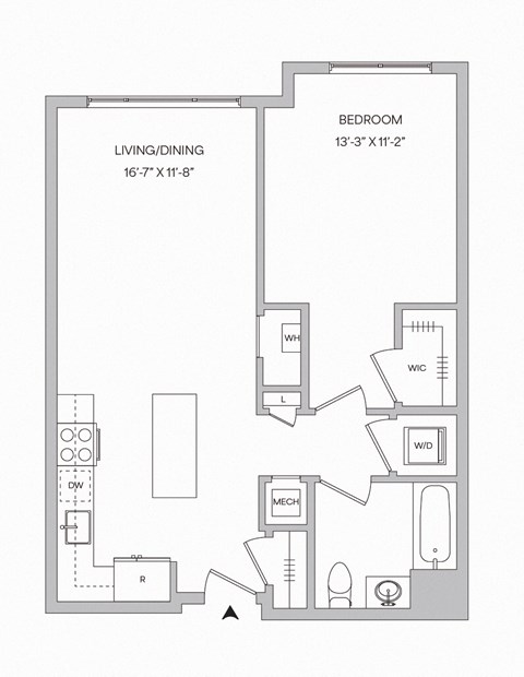 a floor plan of a 725 Square Foot 1 bedroom floor plan